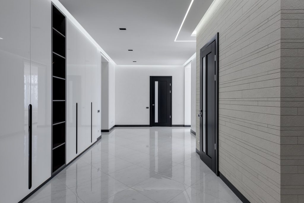 Hallway with shiny, marble tiles